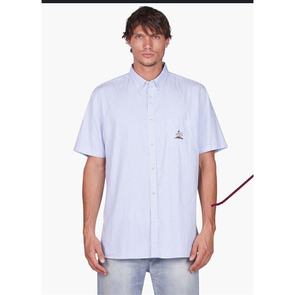 BARNEY COOLS B. Preppy Short Sleeve Woven Shirt Blue White EUC R556